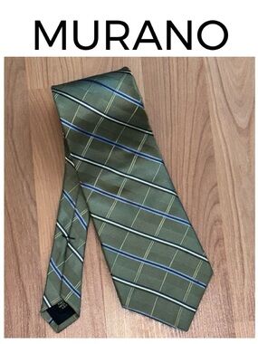MURANO 100% Silk Tie Olive Sage Green Plaid Diagonal Stripes Blue White